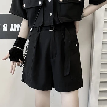 JMPRS Kargo Kadınlar 2 Parça Set Yaz Artı Boyutu Gevşek Kısa Kollu Kırpma Gömlek Gotik Siyah Moda Yüksek Bel Şort Kadın Suit