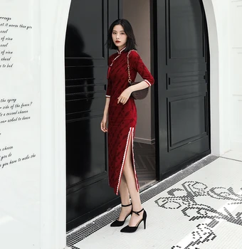 Kırmızı Çin cheongsam elbise vestidos largos düğün tost giyim gelinlik genç kız longCotton ve keten cheongsam elbise
