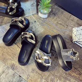 Kalın Alt Terlik Kadın platform sandaletler ZAR Ayakkabı 2021 Yeni Yaz Moda Metal Zincir Kadın plaj terlikleri Chaussure Femme Görüntü 1