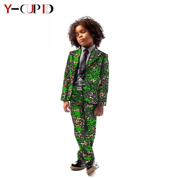 Afrika Giysileri Çocuk Boys için Bazin Riche Erkek Bebek Düğün Takım Elbise Çocuk Ankara Baskı 2 Parça Setleri Blazer Kıyafet YS204035