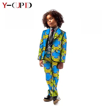 Afrika Giysileri Çocuk Boys için Bazin Riche Erkek Bebek Düğün Takım Elbise Çocuk Ankara Baskı 2 Parça Setleri Blazer Kıyafet YS204035 Görüntü 1