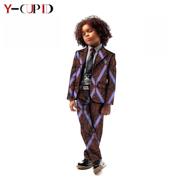 Afrika Giysileri Çocuk Boys için Bazin Riche Erkek Bebek Düğün Takım Elbise Çocuk Ankara Baskı 2 Parça Setleri Blazer Kıyafet YS204035 Görüntü 4