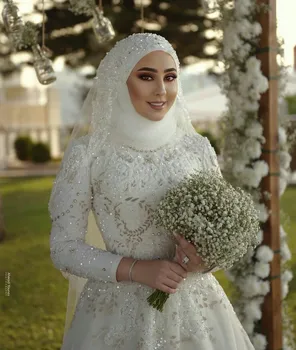 2021 Yeni Müslüman düğün elbisesi Başörtüsü Dantel Sequins Gelinlikler Uzun Kollu Kat Uzunluk Custom Made Boncuk vestido de novia