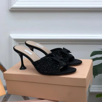 Balık Ağzı Kadın Terlik Ayakkabı Pembe Siyah Elmas Bling Bling İnanılmaz Katırlar üzerinde Kayma Ayakkabı Yavru Topuk 2021 Sıcak moda Ayakkabı Görüntü 0