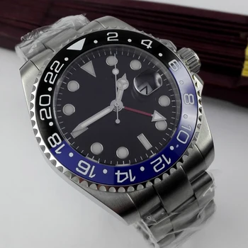 43mm BLİGER siyah dial GMT siyah & mavi seramik çerçeve safir kristal otomatik mens watch P7