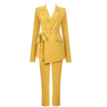 Yüksek Kaliteli Ünlü Sarı Uzun Kollu Ceket Pantolon Moda Kadın Setleri Akşam Parti Setleri