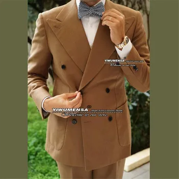 Kahverengi Tüvit Yün Erkek Takım Elbise Slim Fit Damat Giyim Iş Parti Blazer Kruvaze Ceket Pantolon Ile 2 Parça Düğün Smokin