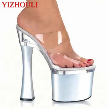Gümüş Şeffaf platform sandaletler 18 cm Yüksek topuklu ayakkabılar Seksi El Yapımı Striptizci Ayakkabı 7 İnç Stiletto Platformu Görüntü 0