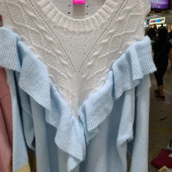 Kadın Giyim 2021 Sonbahar ve Kış Ruffled Patchwork Sky Blue Hollow Büküm Boy Örme Kazak Gevşek Kazak Kadın