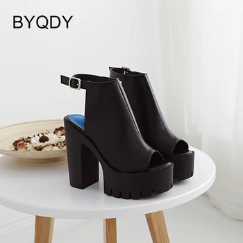 BYQDY 2021 Yaz Yeni Gelenler Kadın Sandalet Burnu açık Katı Siyah Beyaz Modern Sandalet Bayanlar Kalın Yüksek topuklu ayakkabılar Artı Boyutu