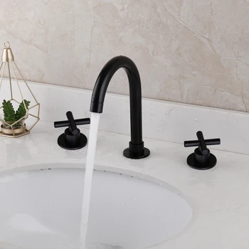 MTTUZK Mat Siyah Banyo lavabo lavabo musluğu Katı Pirinç Çift Kolları Küvet musluk bataryası 3 Delik Havza musluk Seti Döner Dokunun