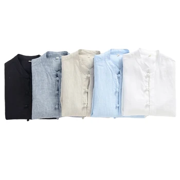 Saf Keten Kısa Kollu Gömlek Erkekler ıçin Yaz Yeni Moda Çin Tarzı Üstleri Erkek Rahat Katı Beyaz Standı Yaka Düğmesi Gömlek