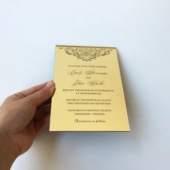 115x175mm Dikdörtgen Şekli Kazınmış Altın Ayna Akrilik Düğün Davetiyesi Kartı Seti Lot Başına 100 Takım