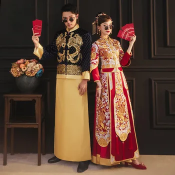 Retro Çin Zarif Phoenix Nakış Evlenmek Cheongsam Geleneksel Gelin Damat düğün elbisesi Marry Traditional Traditional Traditional Traditionalбеее пе
