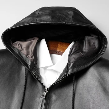 Erkek Hakiki Deri Ceket Kapüşonlu Siyah Kore Streetwear Yeni Blouson Homme Sonbahar Gerçek Koyun Derisi Deri Ceket Görüntü 1