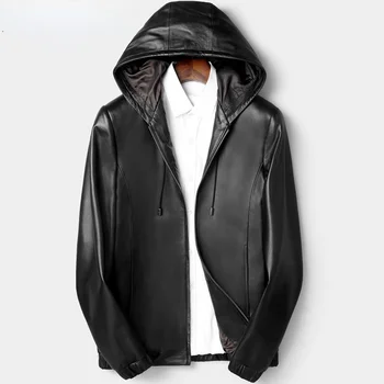 Erkek Hakiki Deri Ceket Kapüşonlu Siyah Kore Streetwear Yeni Blouson Homme Sonbahar Gerçek Koyun Derisi Deri Ceket Görüntü 2