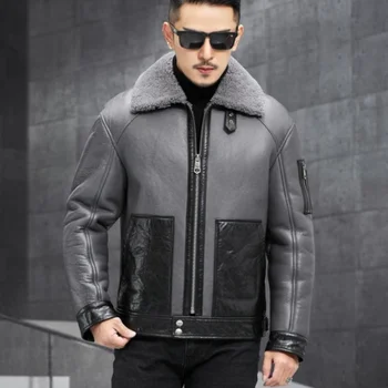 Yankılanan koyun yünü shearlıng kış ceket erkekler hakiki doğal yaka deri motosiklet yüksek kaliteli ceket giyim Görüntü 1