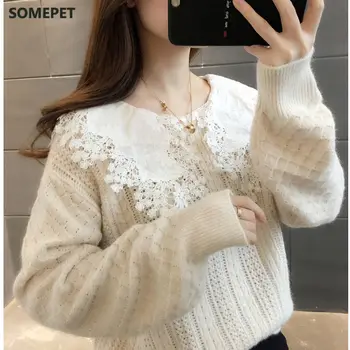 2021 yeni sonbahar kazak kadın Kore versiyonu gevşek sonbahar kış dış giyim dantel bebek yaka örgü kazak üst
