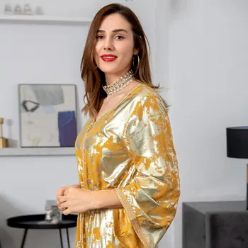 Zarif Abaya Elbise Fas Kaftan Müslüman Moda Kadın Abiye 2021 Pullu Uzun Dubai Elbise V Boyun Türk Parti Elbise