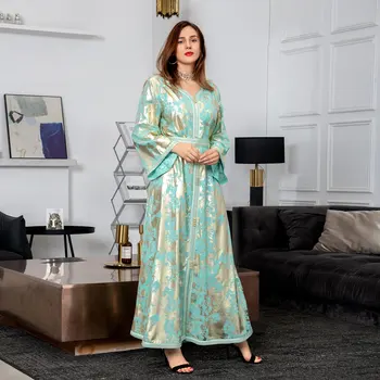 Zarif Abaya Elbise Fas Kaftan Müslüman Moda Kadın Abiye 2021 Pullu Uzun Dubai Elbise V Boyun Türk Parti Elbise Görüntü 1