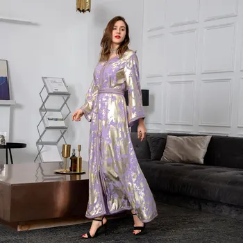 Zarif Abaya Elbise Fas Kaftan Müslüman Moda Kadın Abiye 2021 Pullu Uzun Dubai Elbise V Boyun Türk Parti Elbise Görüntü 2