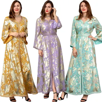 Zarif Abaya Elbise Fas Kaftan Müslüman Moda Kadın Abiye 2021 Pullu Uzun Dubai Elbise V Boyun Türk Parti Elbise Görüntü 3