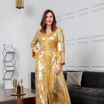 Zarif Abaya Elbise Fas Kaftan Müslüman Moda Kadın Abiye 2021 Pullu Uzun Dubai Elbise V Boyun Türk Parti Elbise Görüntü 4