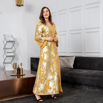 Zarif Abaya Elbise Fas Kaftan Müslüman Moda Kadın Abiye 2021 Pullu Uzun Dubai Elbise V Boyun Türk Parti Elbise Görüntü 5