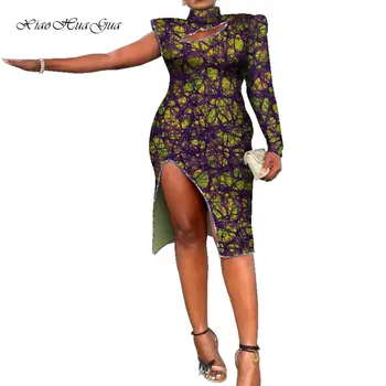 2020 Kadın Afrika Elbise Bir Uzun Kollu Artı Boyutu Bölünmüş Elbise Moda Ankara Elbise Bayan Afrika Giysi Yarık Etek WY7445 Görüntü 3