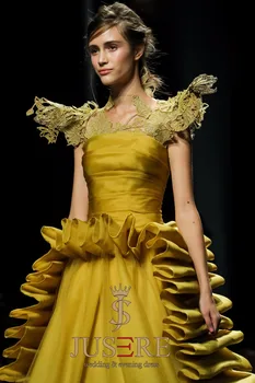 JUSERE MODA GÖSTERİSİ Yüksek Coloar Sarı Uzun Abiye Nakış Sweep Tren Örgün Törenlerinde Robe de soiree vestidos