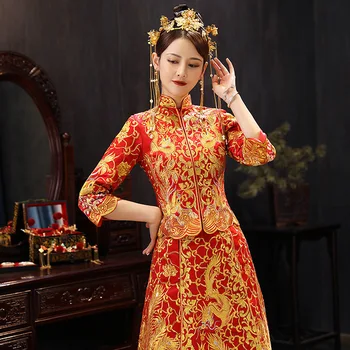 Golden Embroidery Stylish Chinese Oriental Wedding Dress Banquet High-quaity Classic Cheongsam China Qipao костюм для восточных