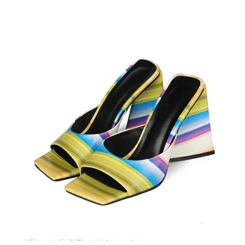 Bayan Kare Peep Toe Terlik Maç Renkler Tıknaz Garip Yüksek Topuk Arkası Açık Iskarpin Sandalet Ayakkabı Pompaları Artı Boyutu 34-45 Yeni 2022 Görüntü 5