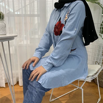 Müslüman Kadınlar Tops Nakış Rahat Dubai Uzun Gömlek Bluz Pamuk Denim Mavi Arap Ramazan İslam Bahar Güz Artı Boyutu S-6XL