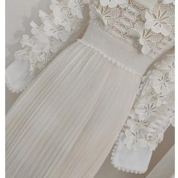 Moda Pist 2021 Sonbahar Elbise Kadınlar Yeni Tasarım Beyaz 3D Çiçekler Dantel Patchwork Yay Bayanlar Parti Pilili Elbiseler