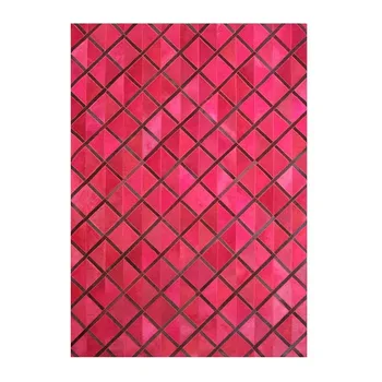 Gül kırmızı chequer çizgili lüks dana patchwork kilim, büyük boy Amerikan tarzı gerçek inek deri dekorasyon halı