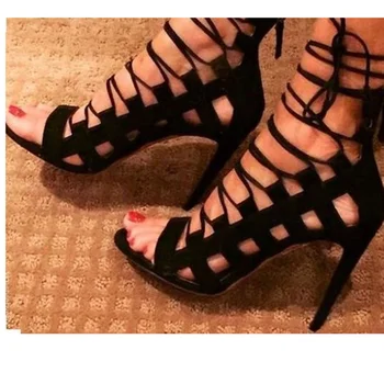Burnu açık Çapraz Bağlı Sandalet Ayak Bileği Ince Topuk Ayakkabı Yeni Moda Kadın Yaz Ayakkabı Sıcak Satış Dantel Up Lüks Fermuar Siyah Ayakkabı