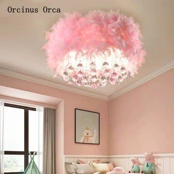 Iskandinav romantik pembe tüy tavan lambası Kız Yatak Odası Prenses odası lamba yaratıcı kişilik LED kristal tavan lambası