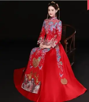 Çin Antik stil düğün Gösterisi gelin akşam elbise fantezi ejderha elbisesi cheongsam kimono sonbahar Suzhou nakış Kırmızı Festivali