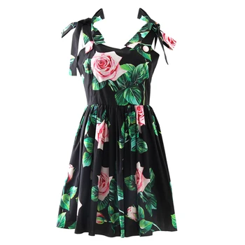 Özelleştirmek Yapılan Kadın Yaz Moda Rahat Artı Boyutu 3XS-10XL Siyah / Beyaz Retro Vintage Gül Çiçek Baskı Yay Tankı Bir Çizgi Elbise