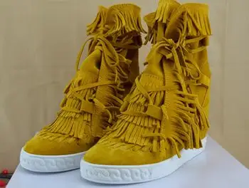 2021 Moda Kadın Dantel Kadar Bahar Sonbahar Ayakkabı Saçaklı Kama Gizli Süet Deri Artan Yüksek Topuk Ayak Bileği çizmeler