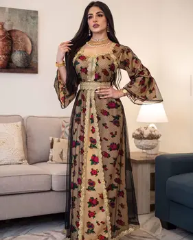 2021 müslüman çarşaf elbise Altın Dantel Nakış Jalabiya Örgü Eid Mubarak Dubai Türk Arapça Fas Kaftan İslam Giyim