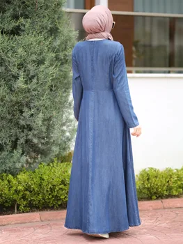 Eid Mubarak Denim Abaya Dubai Uzun müslüman Başörtüsü Elbise Kadınlar için Türkiye İslam Giyim Fas Kaftan Robe Longue Femme Musulmane