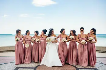 Zarif A-Line Uzun Bir Omuz Tozlu Gül Gelinlik Modelleri Özel Dantel Up Şifon Düğün Parti Elbiseler Kadınlar için Görüntü 0
