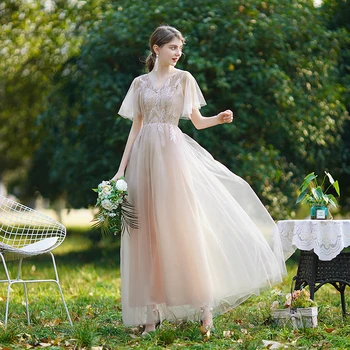 2021 Açık Pembe Dantel Uzun Gelinlik Modelleri A Hattı V Boyun Kat Uzunluk nedime elbisesi Artı Boyutu Kadınlar ıçin Düğün Görüntü 2