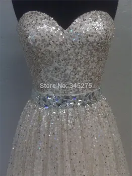 Stokta Gerçek fotoğraf gerçek resim pullu ışık şampanya gelinlik modelleri tül shinning boncuk A-line uzun balo elbise Görüntü 5