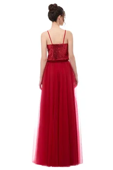 Şarap Kırmızı nedime elbisesi Uzun 2020 Pullu Tül V Yaka Parti Elbisesi Düğün Balo Elbise Nedime Görüntü 0