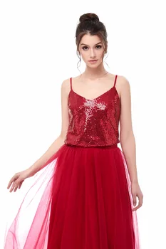 Şarap Kırmızı nedime elbisesi Uzun 2020 Pullu Tül V Yaka Parti Elbisesi Düğün Balo Elbise Nedime Görüntü 1