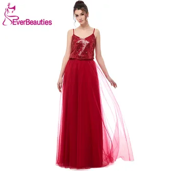 Şarap Kırmızı nedime elbisesi Uzun 2020 Pullu Tül V Yaka Parti Elbisesi Düğün Balo Elbise Nedime Görüntü 2