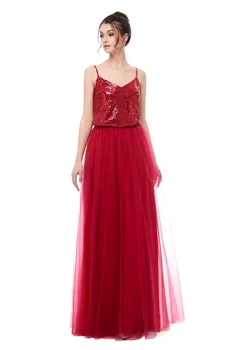 Şarap Kırmızı nedime elbisesi Uzun 2020 Pullu Tül V Yaka Parti Elbisesi Düğün Balo Elbise Nedime Görüntü 3