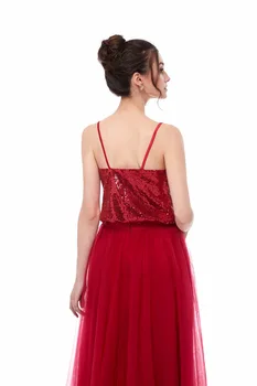 Şarap Kırmızı nedime elbisesi Uzun 2020 Pullu Tül V Yaka Parti Elbisesi Düğün Balo Elbise Nedime Görüntü 4